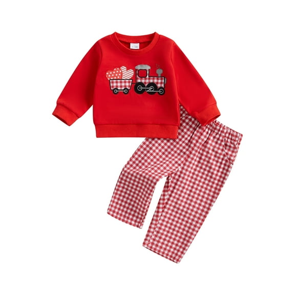 Toddler Baby Girl Boy Valentine's Day Outfits 6 12 18 24 Months 2T 3T 4T Car Embroidered Crew Neck Long Sleeve Sweatshirts Plaid Long Pants 2Pcs Clothes Set