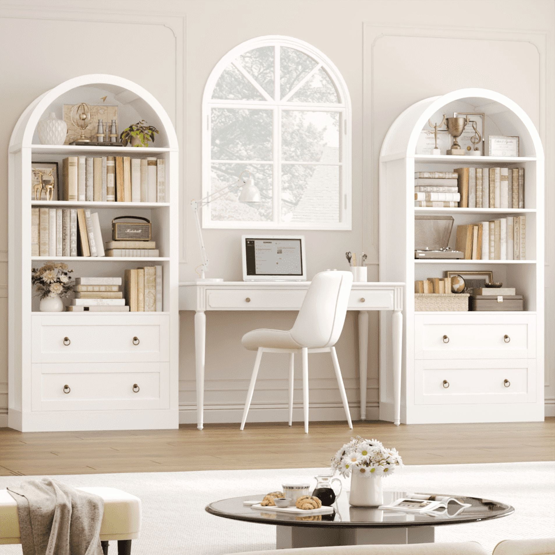 Hiphuta 70"Tall Arched Bookcase, 4-Tier Bookshelves with 2 Large Drawers, Wooden Display Shelf with Storage for Living Room Home Office, White