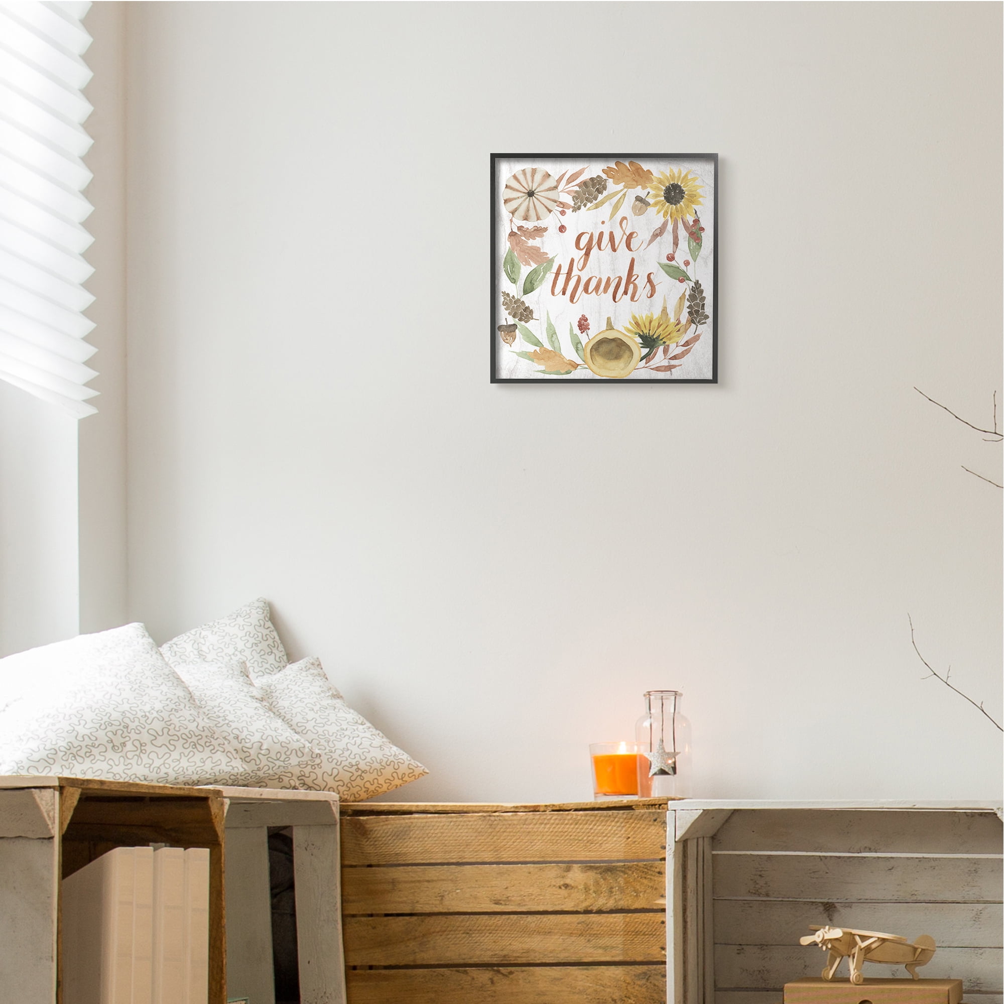 Stupell Industries Give Thanks Whimsical Typography Harvest Foliage Inspirational Painting Black Framed Art Print Wall Art, 12 x 12