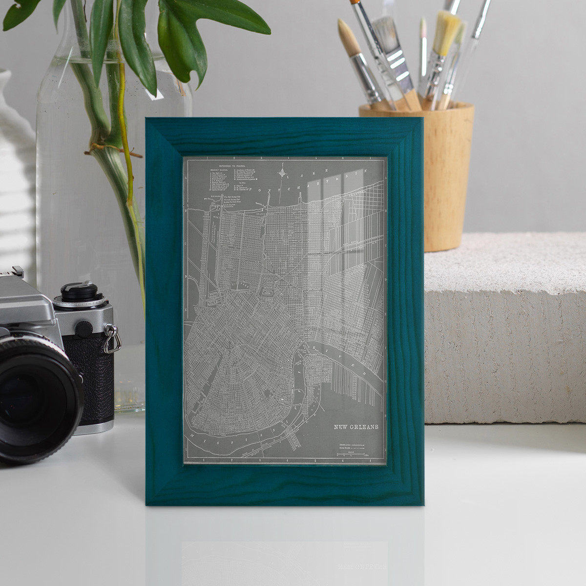City Map of New Orleans -Framed Print w/glass-Ocean Blue