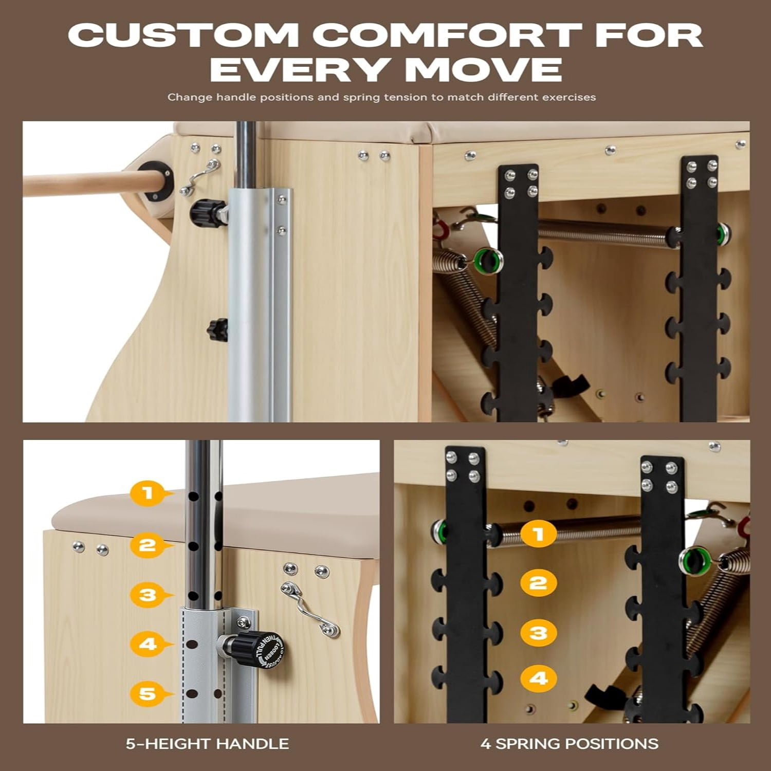 LeisureKing Pilates Chair,Combo Chair with Handles for Home Workouts, Split Pedals Yoga Fitness Trainer, Easy Assembly Pilates Reformer Machine for Studio, Gym, Pilates Workout, Beige