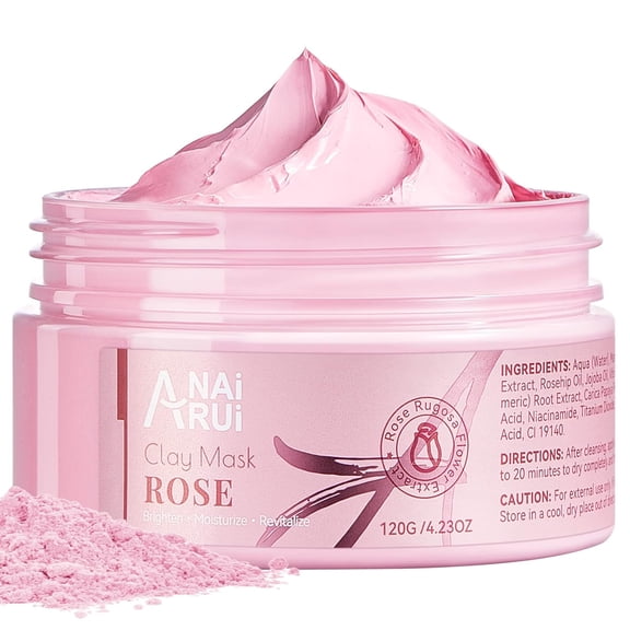ANAiRUi Rose Clay Mask with Kaolin Pink Clay, Niacinamide, Collagen & Hyaluronic Acid, Purifying & Hydrating, 4.23 oz