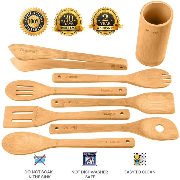 BlauKe Wooden Spoons for Cooking 8-Pack - Bamboo Kitchen Utensils Set - Nonstick Wooden Cooking Utensils - Wood Spatula Spoon Tongs Utensil Holder