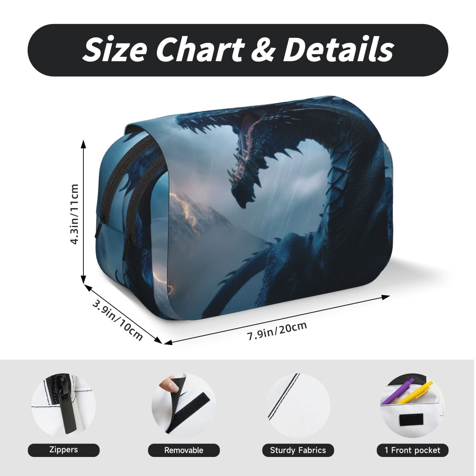 Rateoe Blue Thunder Storm Dragon Pattern Double Clamshell Pen Case, Storage Organizer with Two Zipper Compartments– Holds Up to 50 Pencils & Pens