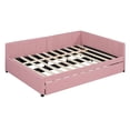 thumbnail image 3 of Linen Fabric Full Size Upholstered Bed Frame with Trundle Sofa Bed, Platform Bed Frame, Mid Century Bedframe, Wood Daybed, Wood Foundation(Pink, Full), 3 of 9