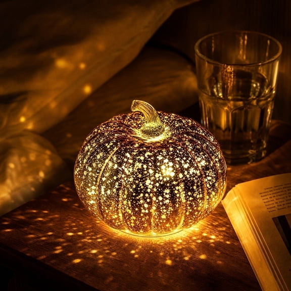 KEVCHE Halloween Glass Pumpkin Decoration with Warm LED Light,Glitter Accent Battery Operated Tabletop Lamp for Indoor Outdoor Mantel Shelf Display,Glowing Halloween Pumpkin Decoration