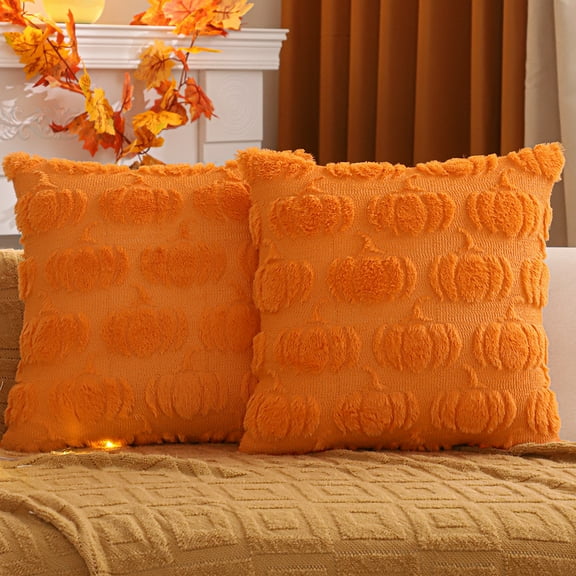 Tosleo Fall Throw Pillow Covers 18x18 Set of 2 Orange Pumpkin Decorative Pillow Cases Farmhouse Thanksgiving Plush Faux Fur Cushion Covers for Couch Sofa Bed
