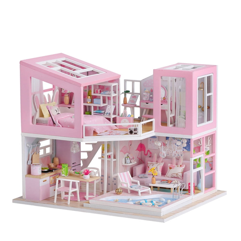DIY Handmade Miniature Pink Girl Wooden Loft Doll House Model Kits Kids Toy Gift 