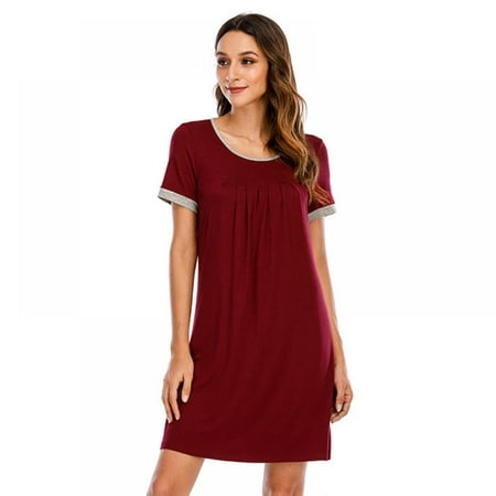 

Women s Nightgown Short Sleeve Sleepwear Comfy Sleep Shirt Pleated Scoopneck Nightshirt S-XXL