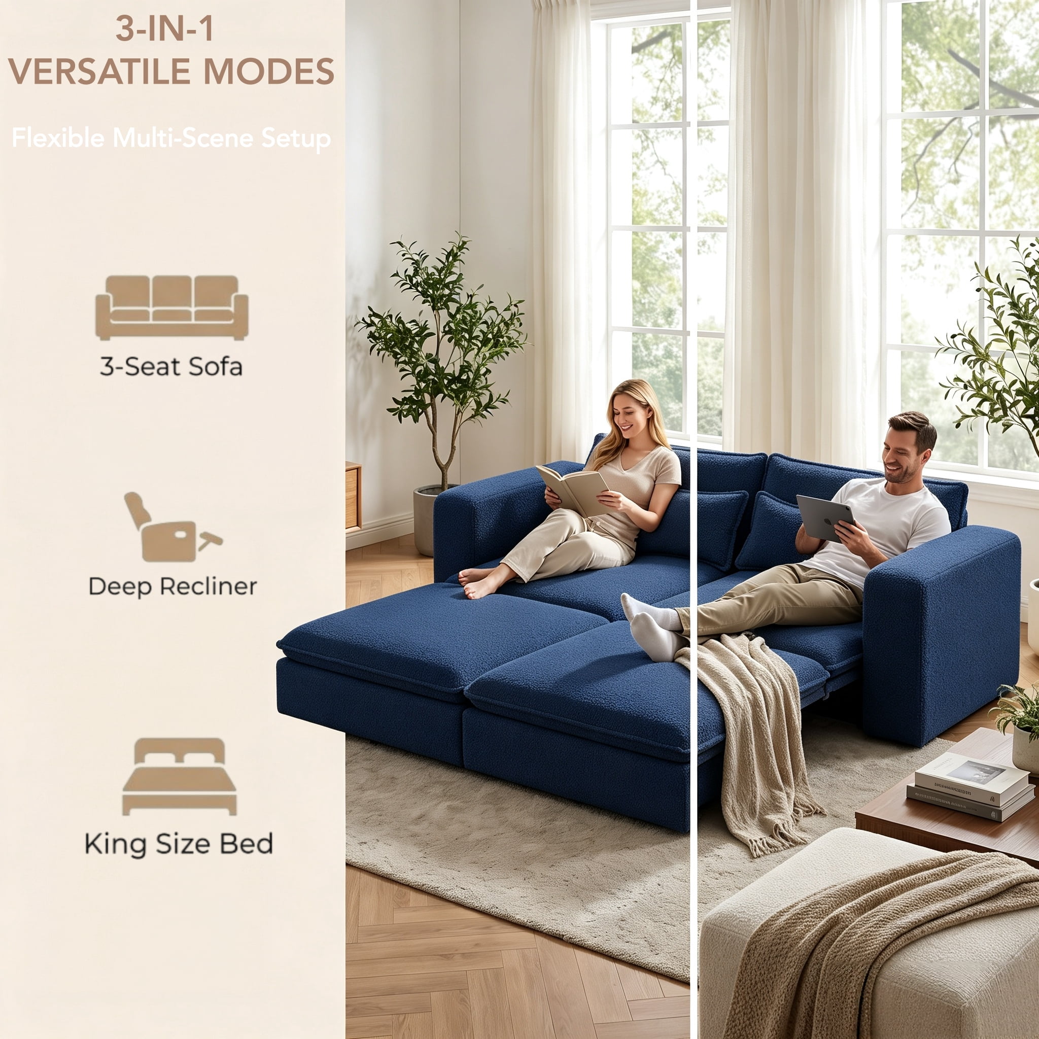 3-in-1 King Size Sleeper Sofa Bed, 93" Sherpa Fleece Pull Out Couch with Wide Armrests & Deep Seat, Modern Convertible Futon Lounge Sofa with 2 Pillows, Blue