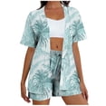 thumbnail image 2 of Cagogo Women's 2 Piece Shorts Set Casual Summer Cruise Outfits Loose V Neck Short Sleeve Jacket Tie Waist Matching Beach Set Tropical Leaves Hawaiian Vacation Clothes, Light Blue S, 2 of 5