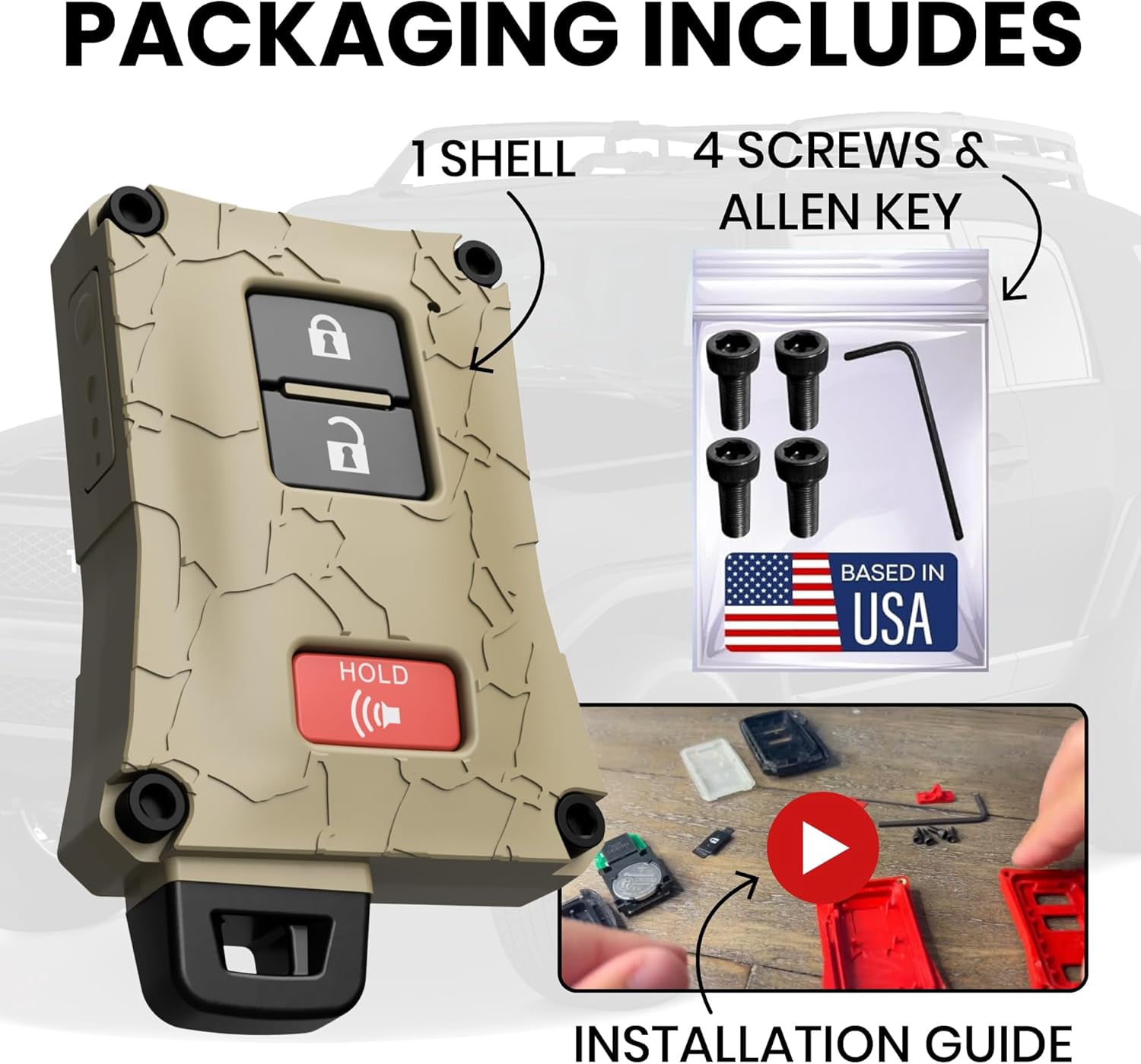 Heavy-Duty Key Fob Case Replacement for Toyota Tacoma 16-23, Tundra 20-21, & 4 Runner 20-21 - Rugged Key Protector - Shockproof & Scratch-Resistant - Secure Fit (Quicksand, Black Screws)