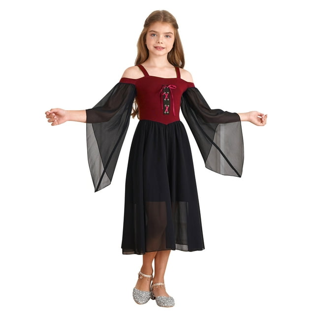 YiZYiF Robe Princesse Gothique Médiévale pour Filles Enfants Robe Corset Médiévale Renaissance Victorienne Robe de Bal Costume d'Halloween Bourgogne 12