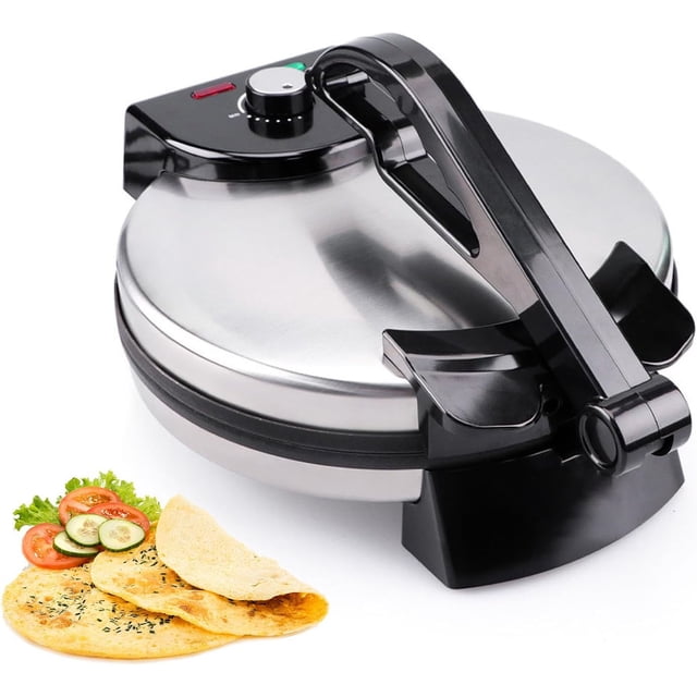 Máquina para Hacer Tortillas Eléctrica, Máquina para Hacer Roti Antiadherente con Control de Temperatura de Perilla, Cubierta de Acero Inoxidable para Panqueques
