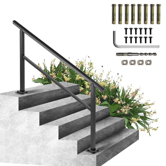 KFFKFF Outdoor Aluminum Stair Handrail, 165LBS Load Capacity, 60 x 35" Railing for 4-5 Steps, Adjustable 0-30° Angle, Includes Screw Kit