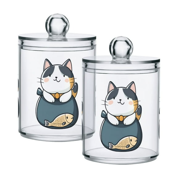 Yayeee 2 Pack Qtip Holder Bathroom Cotton Swab Canister with Lid Clear Dispenser Set, Blue Cute Cat