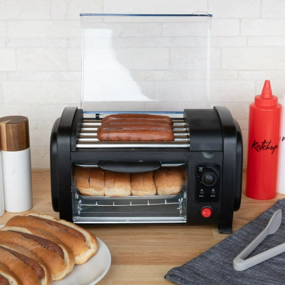 Mini Stainless Steel Hot Dog Roller with Bun Warmer, Timer and Baking Tray for Buns