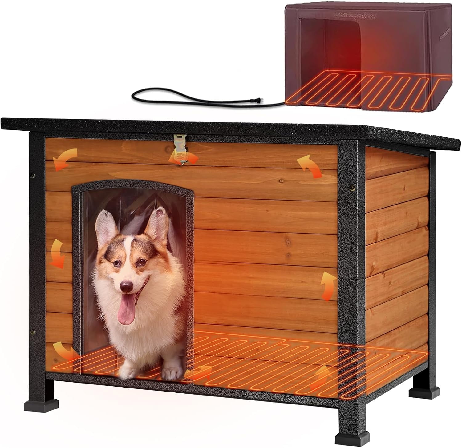 Aivituvin Large Heated Dog House Outdoor Dog House Insulated Weatherproof Dog Kennel with Safe Heating Pad, Thermal Liner, Chew-Proof Metal Frame for Medium to Large Dog Breeds, 33.5" L×22" D×25.2" H