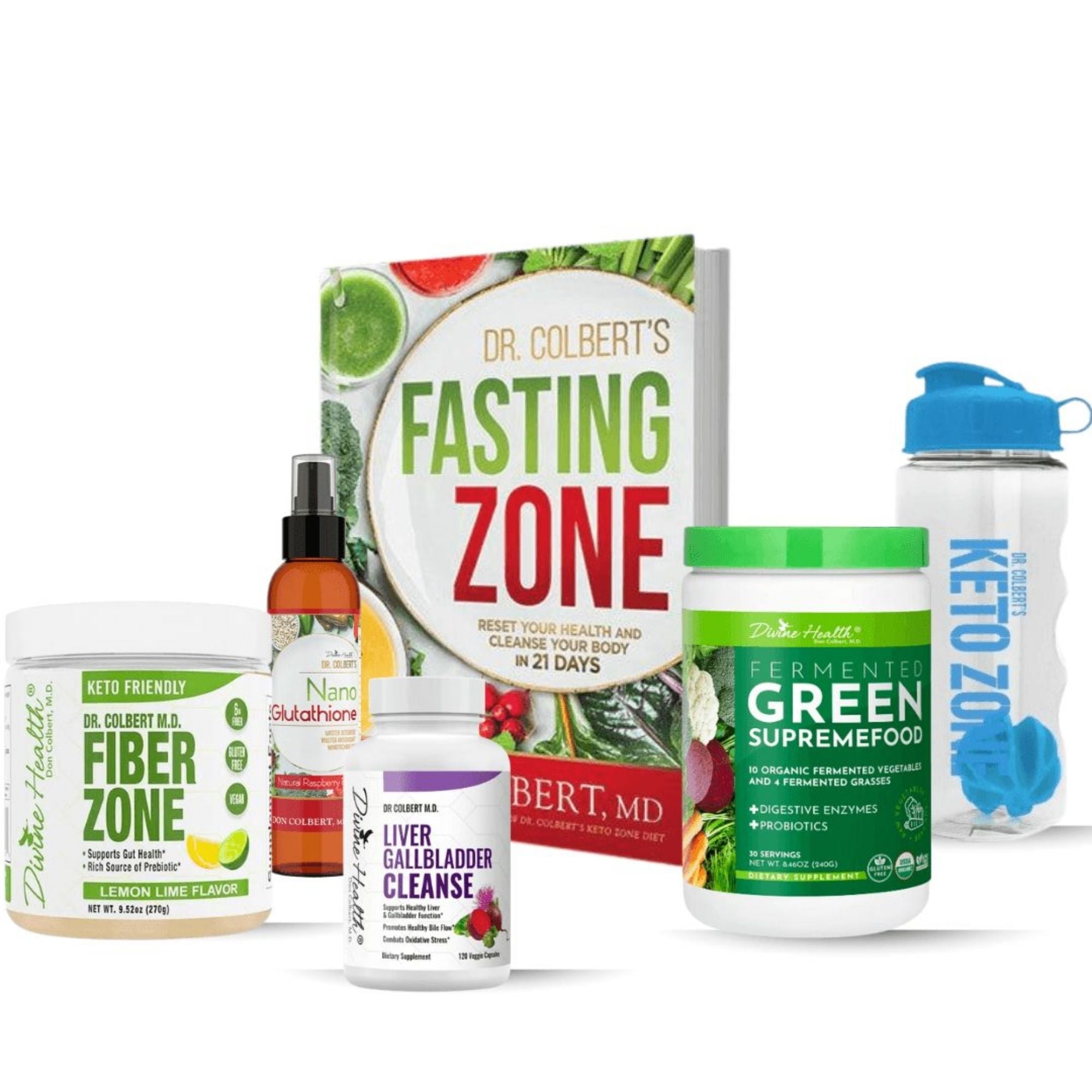 Dr. Colbert MD Detox Starter Pack | by Divine Health | Green Supremefood | Fiber Zone (Lemon-lime) | Liver Gallbladder Cleanse | Nano Glutathione Spray| Fasting Zone Book | Shaker bottle