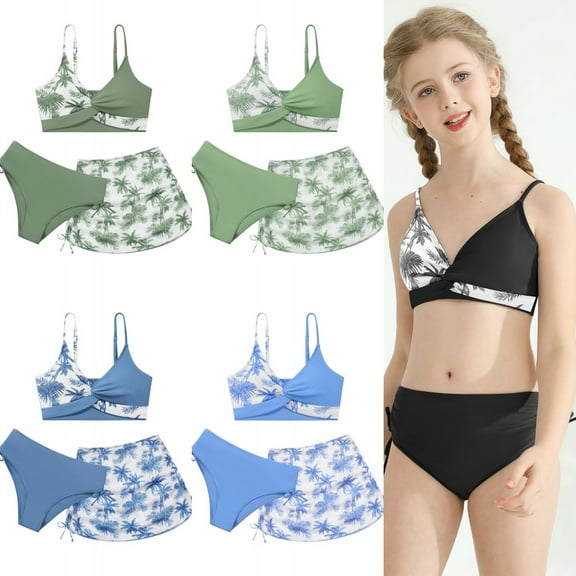 3Pcs Teens Girl Summer Adjustable Strap Bikini Swimsuit Set Tropical Floral Bathing Suit Swimwear With Coverup Skirt 9-16Y