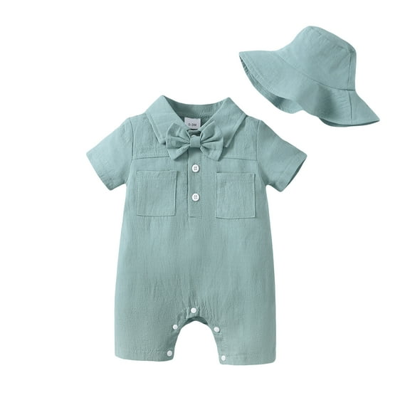 Kucnuzki Infant Baby Boy Clothes 12 Months Spring Summer Jumpsuit Bodysuit 18 Months Short Sleeve Solid Color Plain Stylish Button-Up Collar Overall Jumpsuit Hat 2PCS Set Green