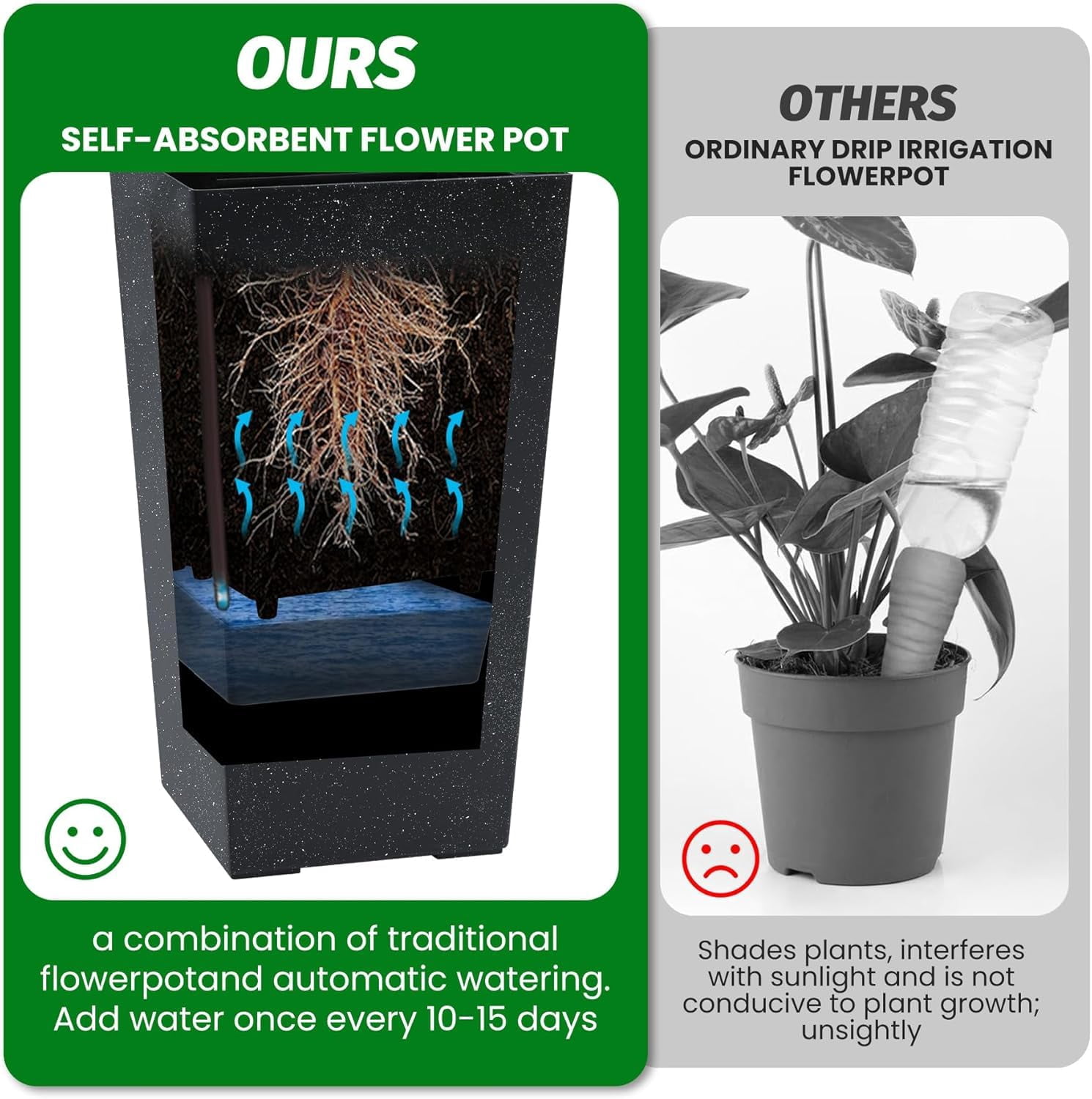 Huisuilinss Tall Planters For Outdoor Plants,Set Of 4 Tapered Pots,16" Resin Flower Pots,Plant Pots With Drainage Holes＆Water Level Monitor＆Inner Bucket For Garden Porch Patio Indoor