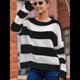 thumbnail image 5 of Suéter de Punto A Rayas para Mujer, Cuello Redondo, Otoño-Invierno, Larga, Bloque de Color Negro XXL, 5 of 8