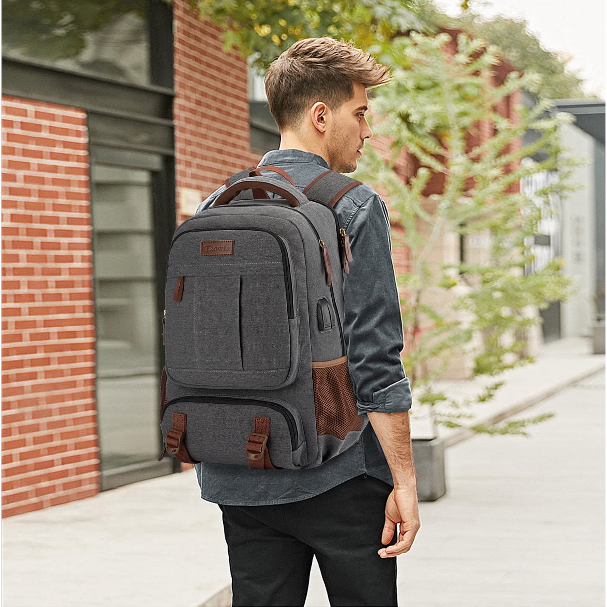 Tzowla Genuine Leather Laptop Backpack For Men & Women - Fits 15.6" Laptop, USB Charging Port, Travel & Business, Black