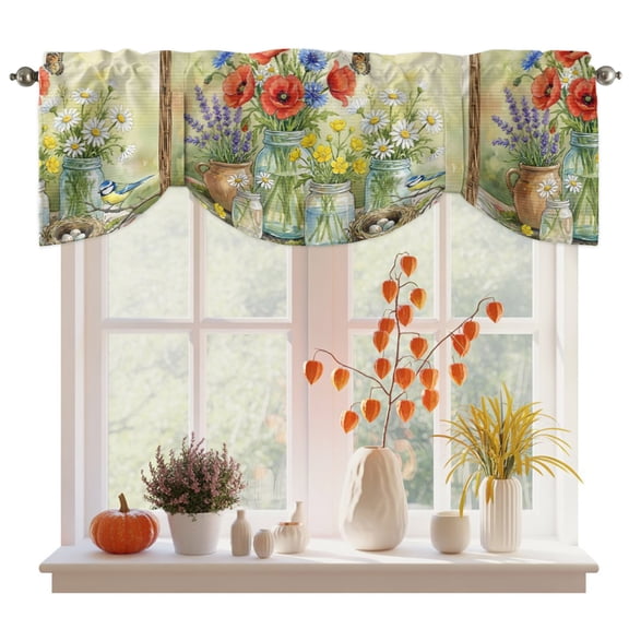 Red Poppies Tie Up Valance Curtains for Windows, Kitchen Curtains Window Treatments, Cottagecore Butterflies Farmhouse Laverder Short Window Shades Valances for Bedroom Bathroom Cafe 54"x18"