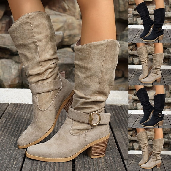Lovzfmll Chelsea Boots Women, Knee High Pointed Toe Belt Buckle High Heel, Mid Heel Pointy Toe Buckle Motorcycle Boots Casual Khaki Boots