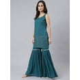 thumbnail image 5 of Janasya Indian Women's Teal Georgette Embossed Gold Print Top with Gharara and Dupatta, 5 of 10