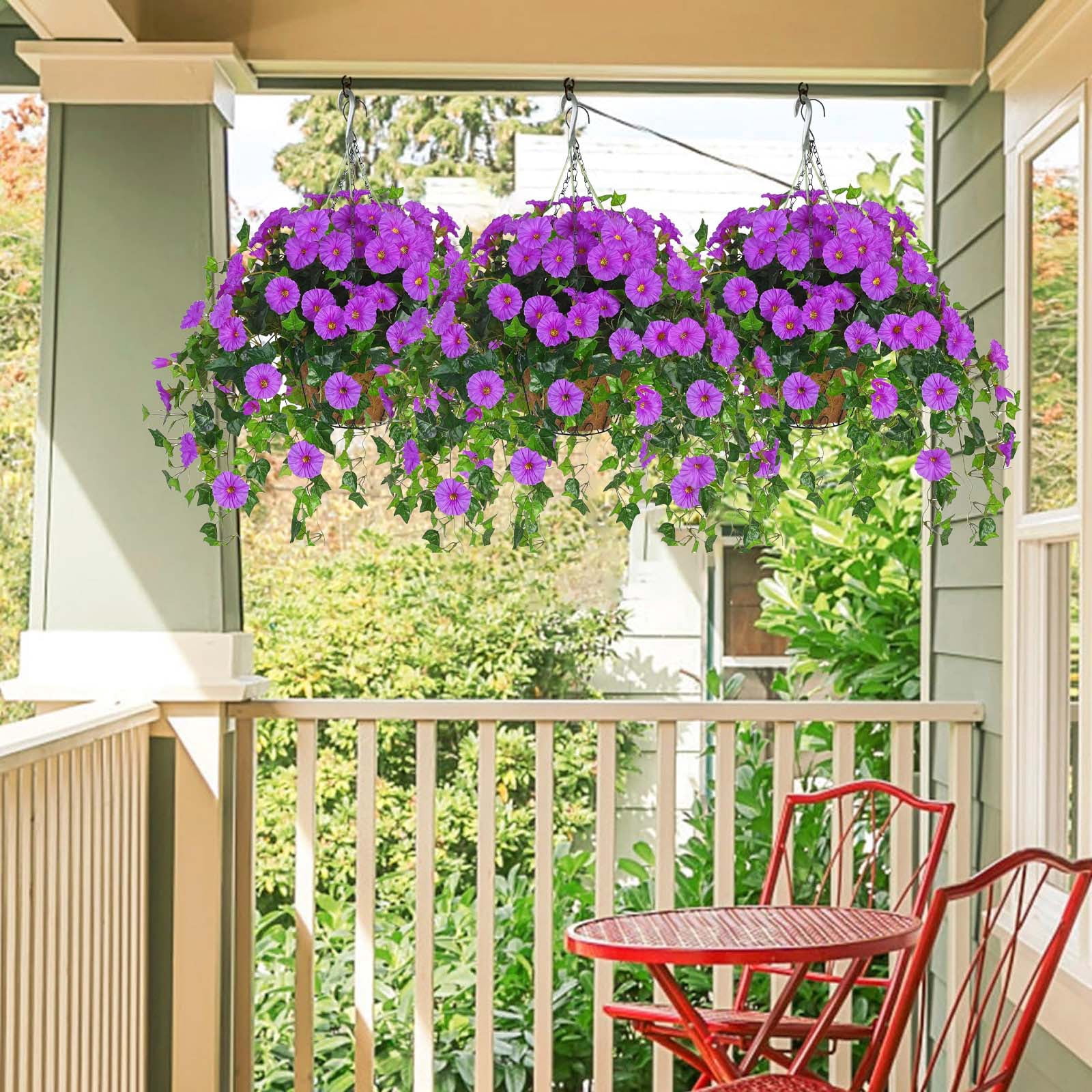 Artificial Hanging Flowers Baskets for Spring Outdoors Decor, Silk Morning Glory in Planter UV Resistant Realistic Outside Flowers for Outdoor Porch Patio Balcony Yard Home