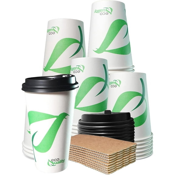 20 oz Compostable Paper Cups with Black Dome Lids and Sleeves - Biodegradable Disposable White Paper Coffee Cups PLA Lined - Eco-friendly Hot and Cold Drinking Cups (25)