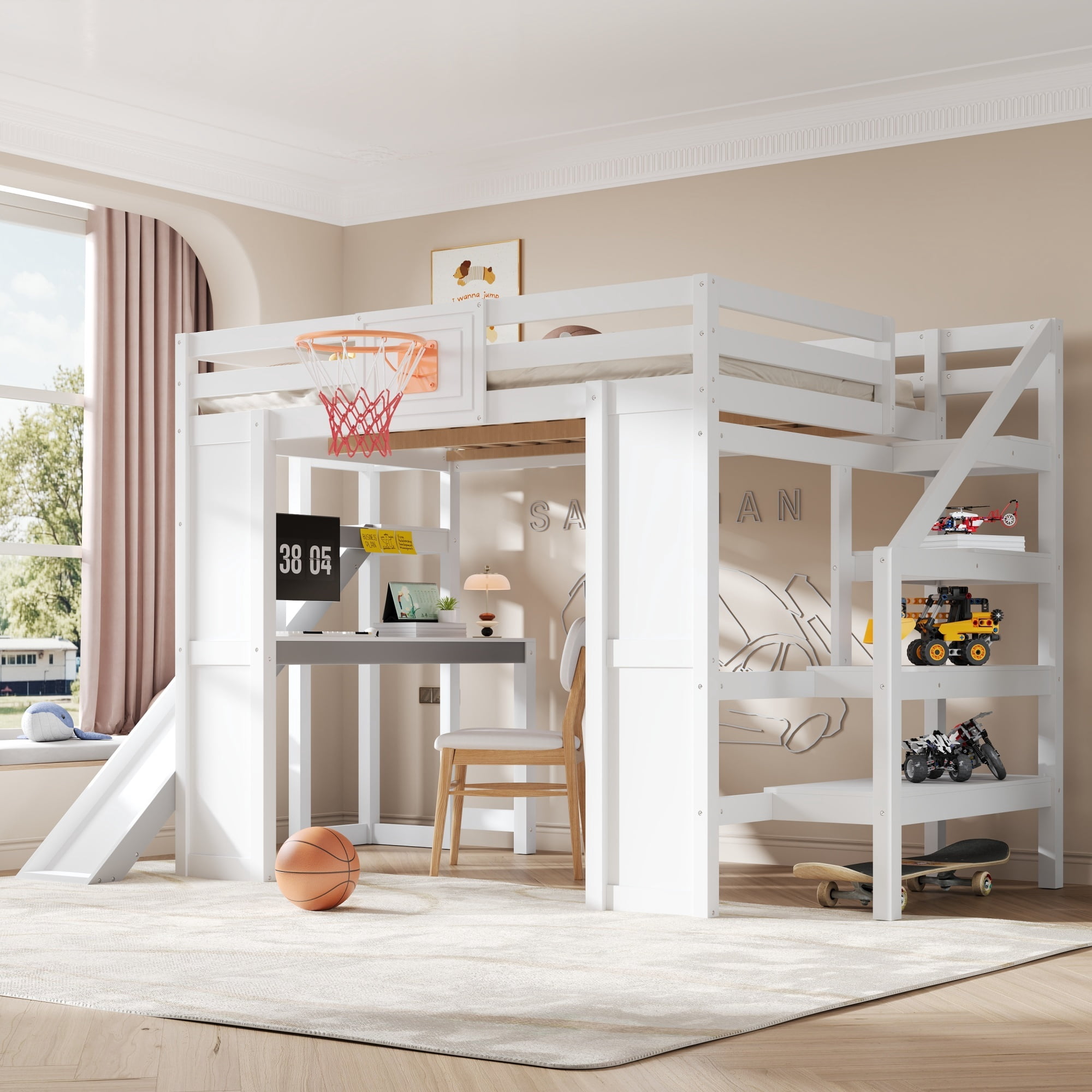 Euroco Wood Full Size Loft Bed with Desk and Shelves, Storage Bed with Basketball Hoop and Slide, White