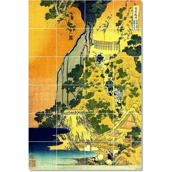 Ceramic Tile Mural-Katsushika Hokusai Ukiyo-E Tile Mural Traditional Interior Renovations. 17" w x 25.5" h using (24) 4.25 x 4.25 ceramic tiles