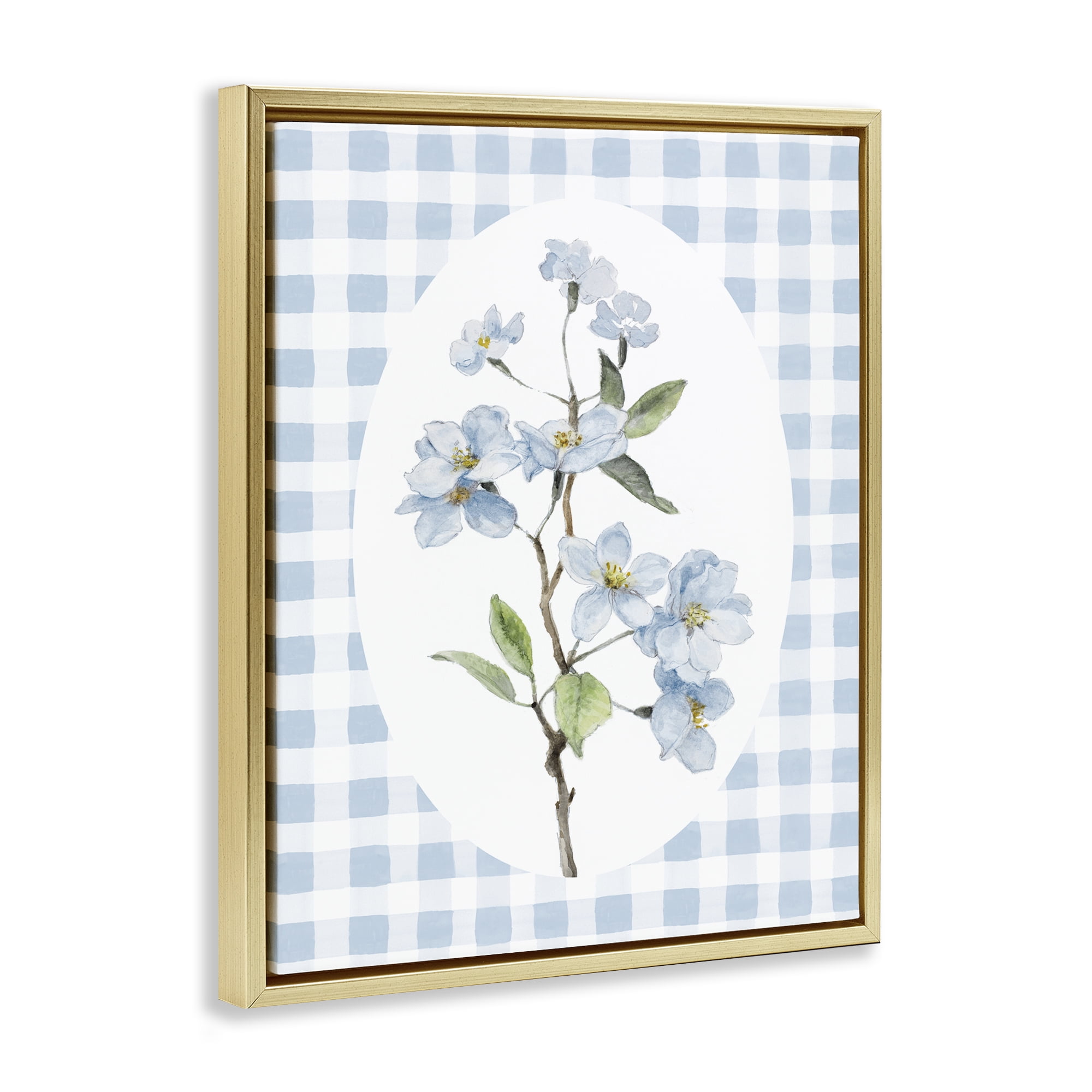 Stupell Industries Blooms on Blue Checkers Gold Framed Floater Canvas Wall Art, design by Lanie Loreth