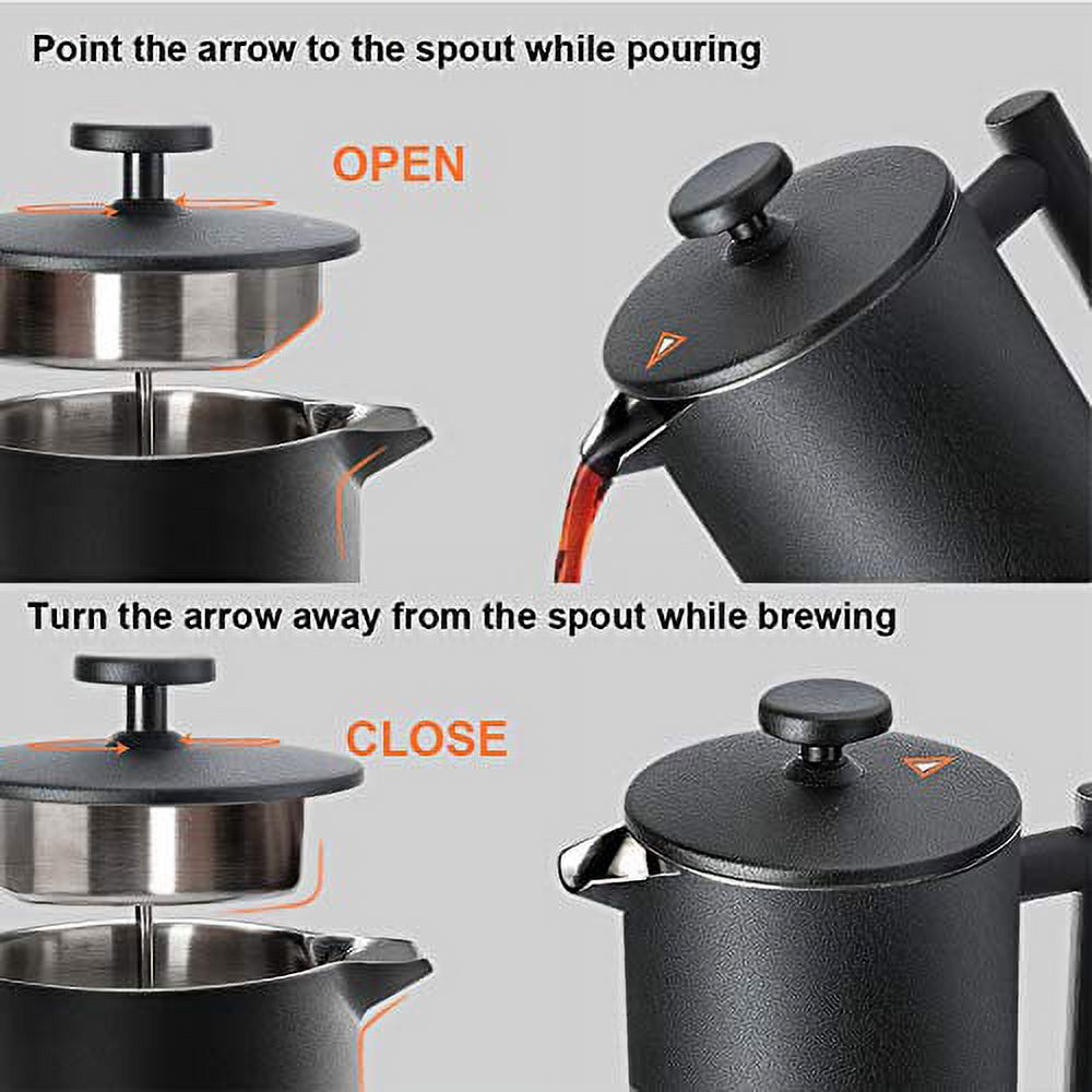 Secura French Press Coffee Maker, 304 Grade Stainless Steel Insulated Coffee Press with 2 Extra Screens, 34oz (1 Litre), Black - image 3 of 7