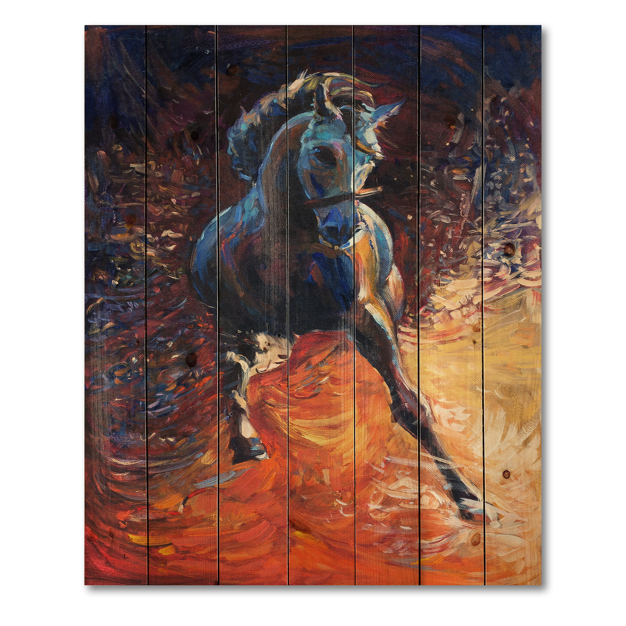 Designart 'Portrait Of A Galoping Blue Horse' Farmhouse Print on Natural Pine Wood