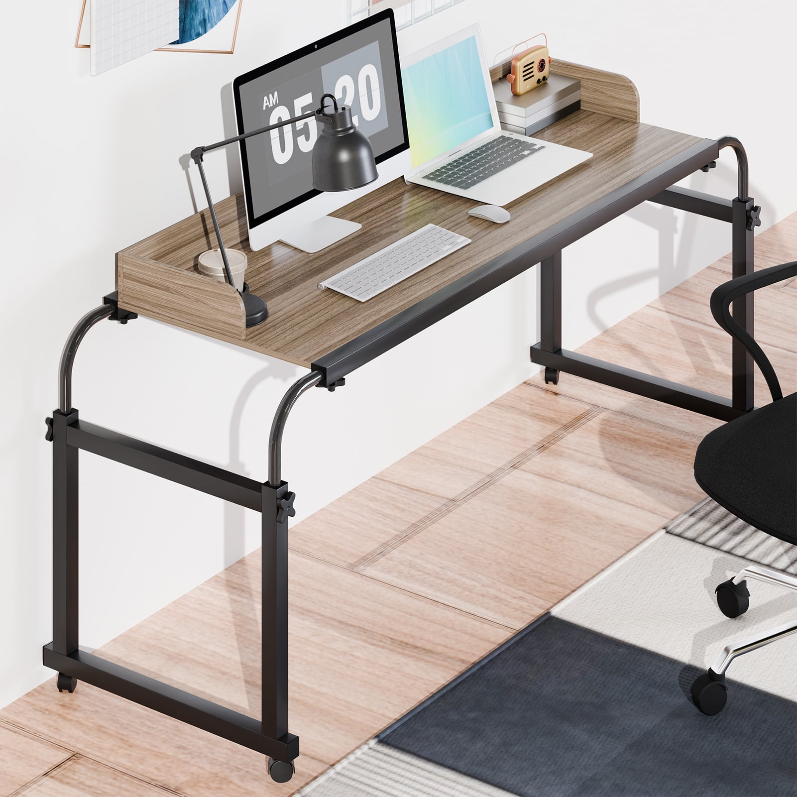 Hyasfey Standing Workstation Table,Overbed Table with 360 Degree Wheels, Mobile Bed Desk with Baffle, Cup Holder, Length Height Adjustable