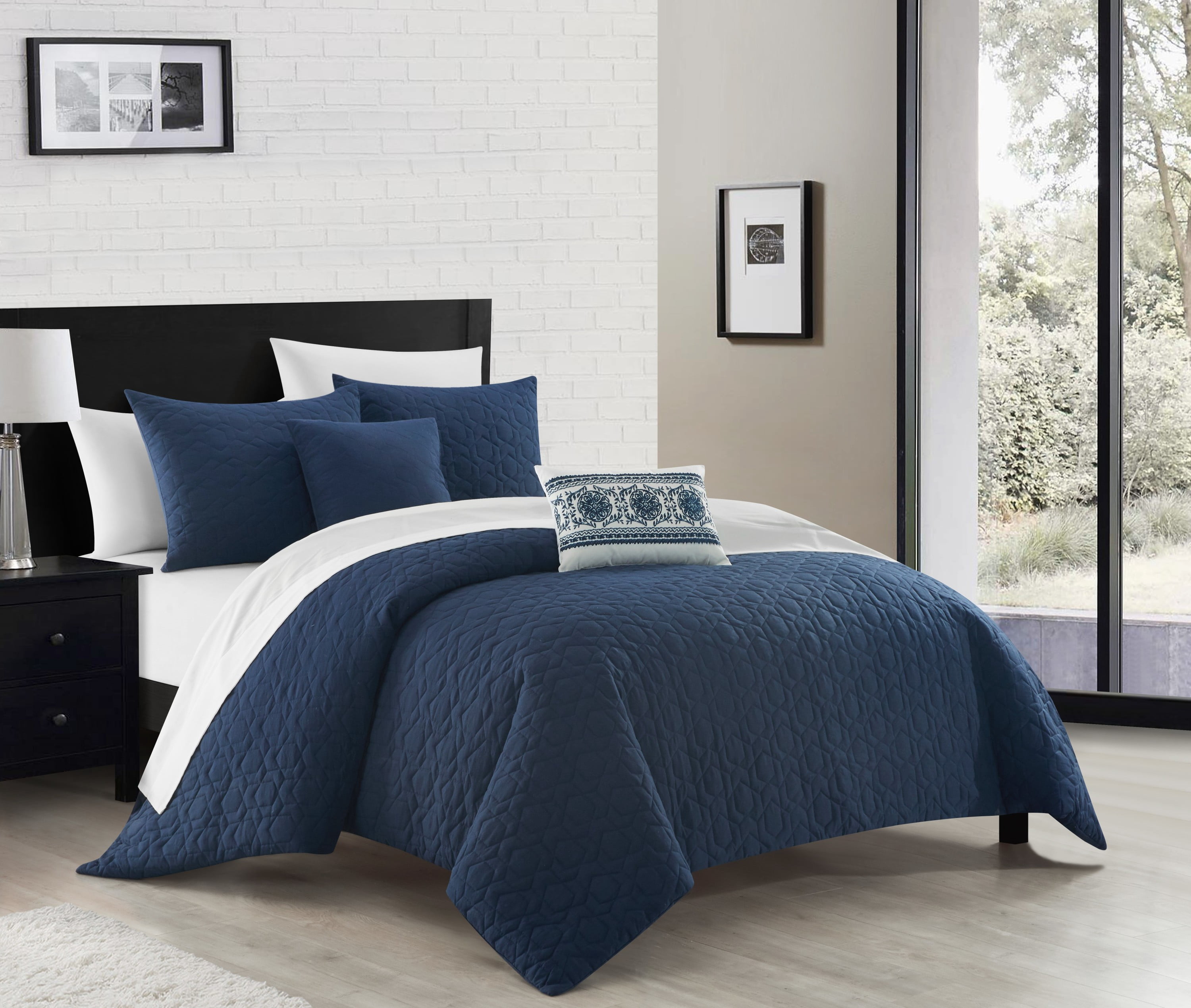 NY&Co. Home Davina 9-Piece Geometric Embossed Plain-Colored Comforter Set, King, Navy
