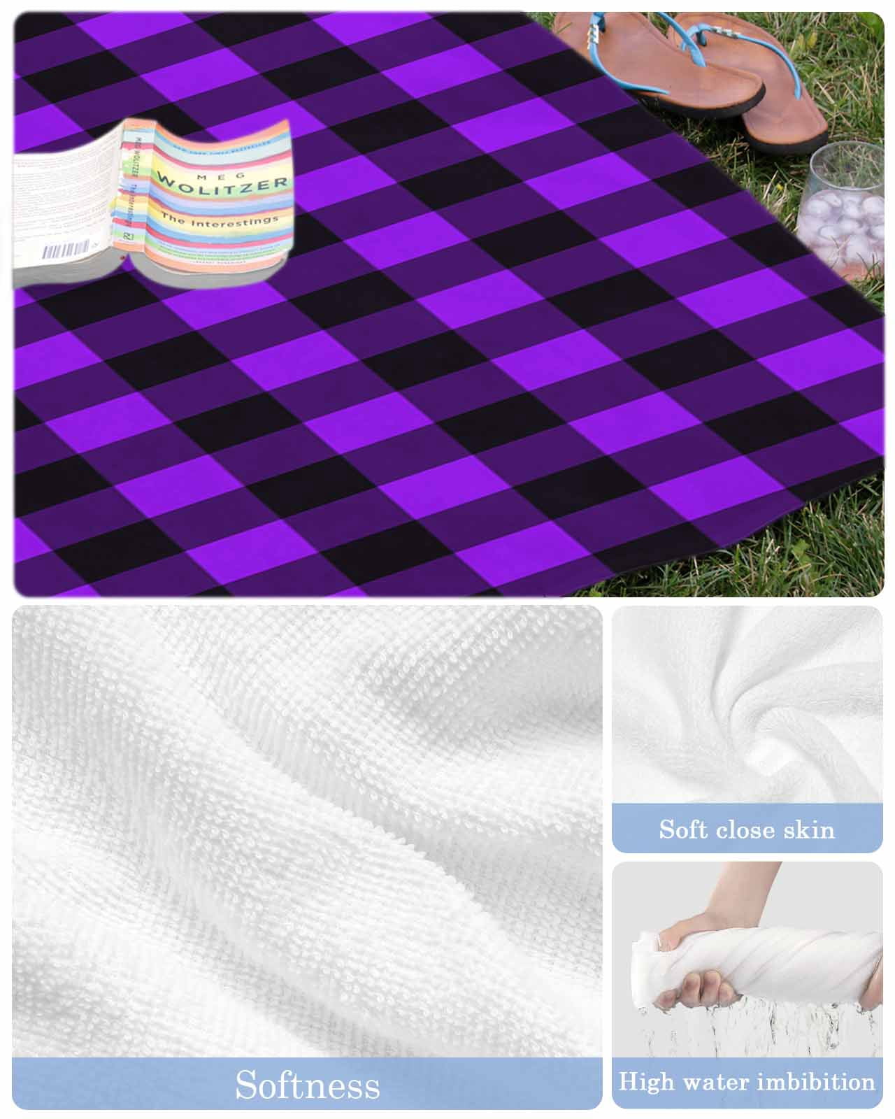 Black Purple Plaid Beach Towels Oversized Super Absorbent, Farmhouse Simple Buffalo Checked Lightweight Bath Towel Quick Dry Sets For Bathroom/Pool/Rv Camping/Beach Play/Gym Room/Picnic 31"x62"