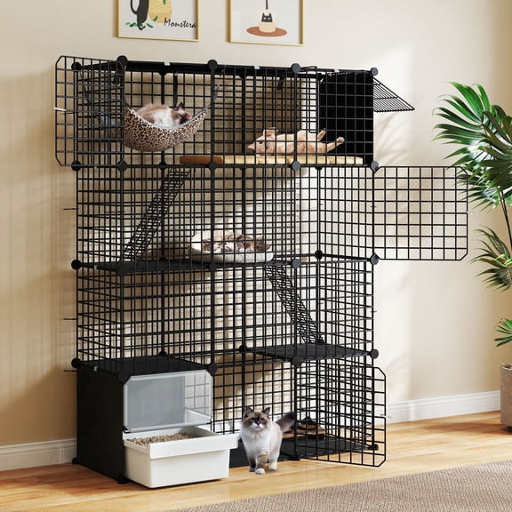 Dextrus 4-Tier Cat Cage with Litter Box, Indoor Multi-Level Cat House with Platforms & Ramps for 1-3 Small Cats, 41"L x 14"W x 55"H,Black
