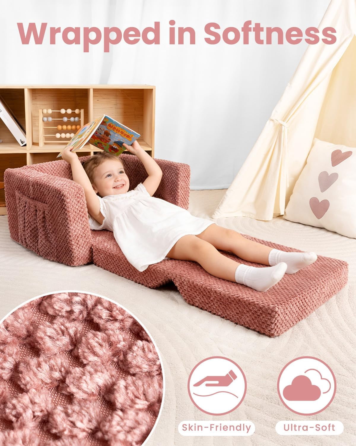 Beavtaens Foldable Toddler Couch with Soft Sherpa Cover, 2-in-1 Comfy Toddler Sofa & Lounger for 1-3 Years Old Girls Boys, Kids Chair with Pockets & Handle for Reading, Playroom, Pink