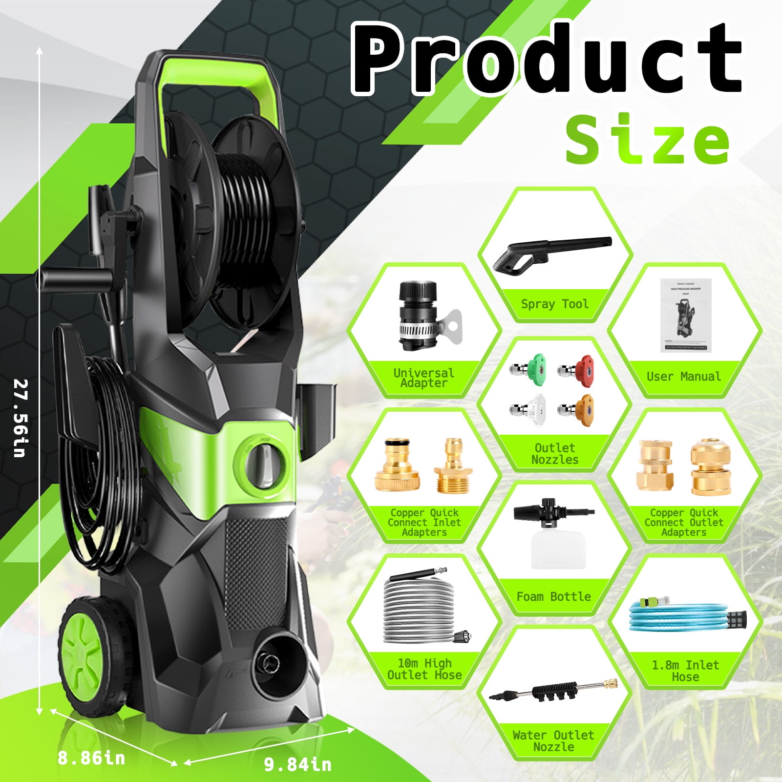 TEBRU Electric Pressure Washer, 3500 Max PSI, 2.4 GPM Power Washer Machine with Hose Reel, 32FT Hose, 5 Quick Connect Nozzles, Foam Cannon Portable to Clean Patios, Cars, Fences, Driveways