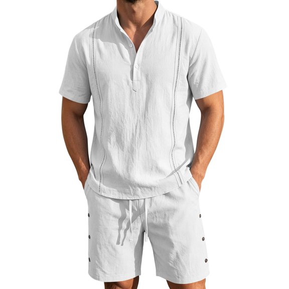 Uwinwear Men's Linen Casual 2 Piece Outfit Mock Neck Short Sleeve Shirt and Side Button Shorts Set Casual 2 Piece Summer Outfit,White,M