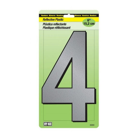 Hy-Ko 30804 Reflective Plastic Number 4 Sign, Black Trim, 6"