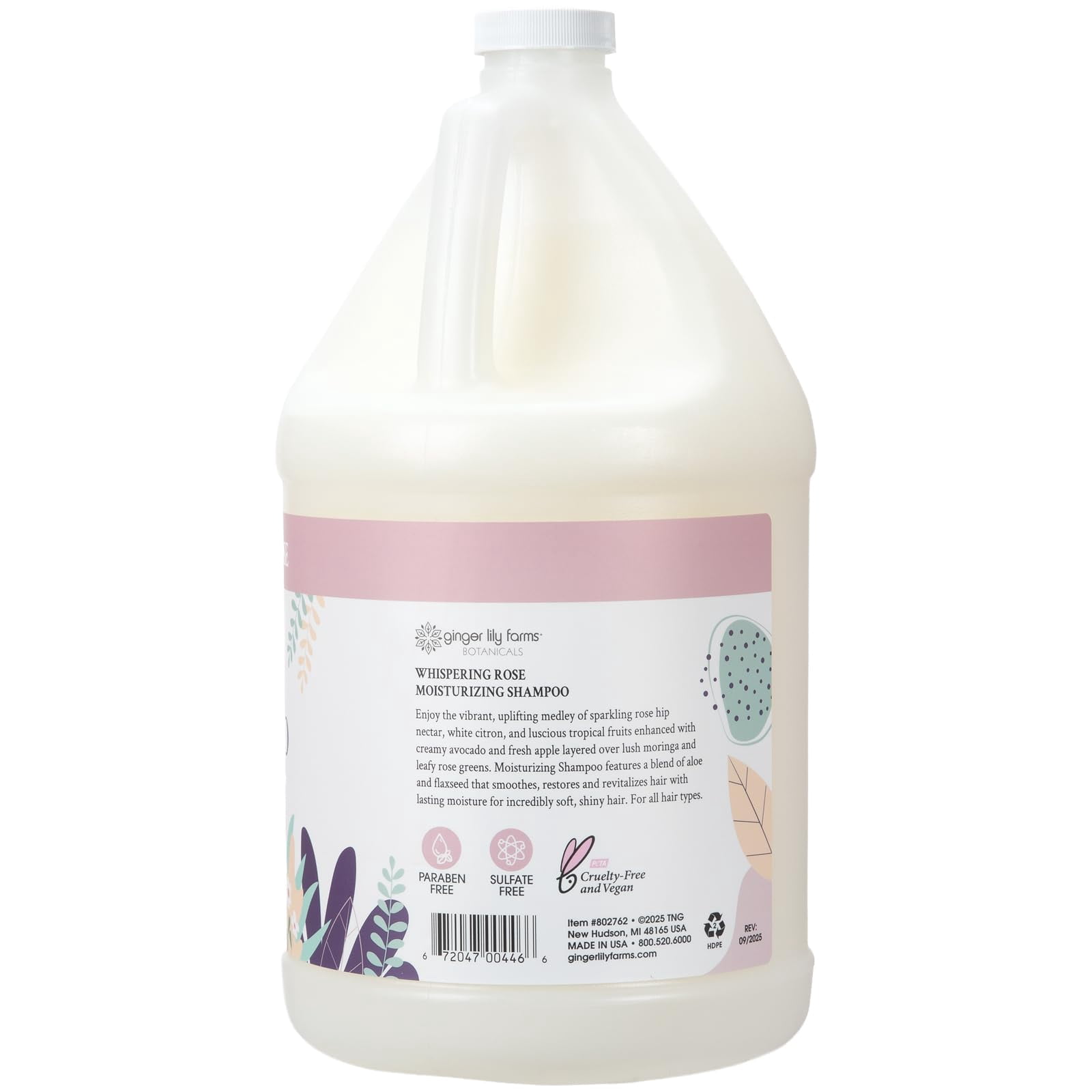 Ginger Lily Farms Botanicals Moisturizing Shampoo for All Hair Types, 100% Vegan & Cruelty-Free, Whispering Rose Scent, 1 Gallon (128 fl oz) Refill