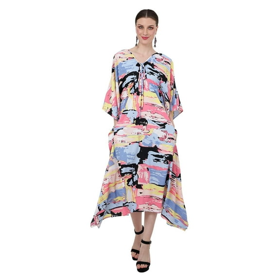 Miss Lavish London Women’s Paint Splatter Poly Crepe Kaftan Dress with Elasticated Waist & Pockets- Abstract- M