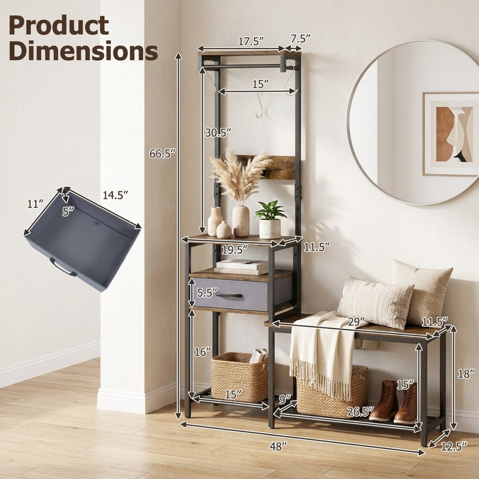 Furnibear 7 in 1 Slim Hall Tree with Shoe Bench and Hooks and Removable Fabric Drawer for Narrow Entryway and Hallway, Rustic Brown