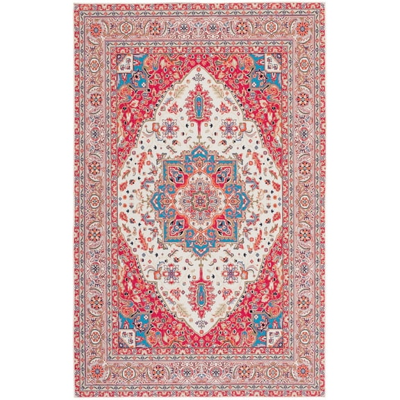 SAFAVIEH Tucson Herbert Traditional Machine Washable Area Rug, 4' x 6', Red/Beige